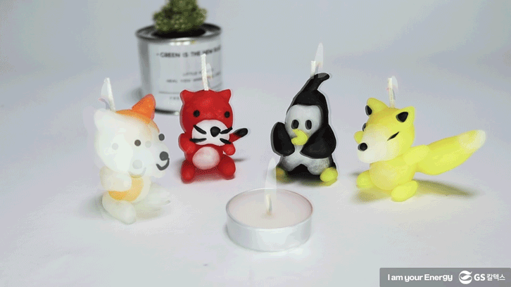 강아지, 고양이, 펭군, 여우 모양 양초에 불이 켜져있어요