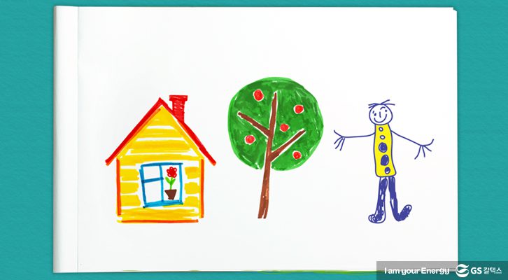 집, 나무, 사람이 각자 그려진 그림