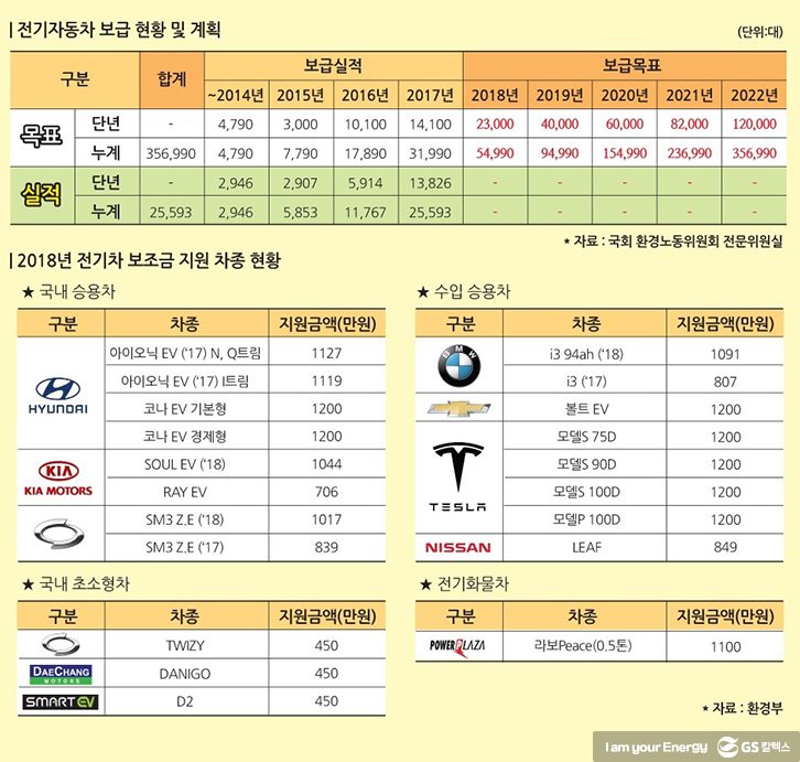 전기차 보급 현황 및 계획, 2018년 전기차 보조금 지원 차종 현황