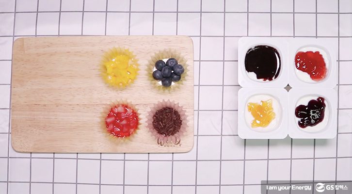 망고, 블루베리, 딸기, 초코 시럽