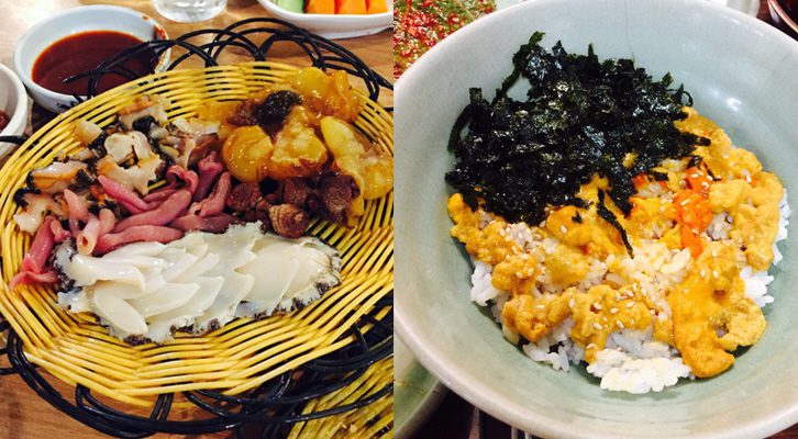부산 양장구밥과 랍스타 코스요리 맛집의 음식사진이 붙어있는 모습