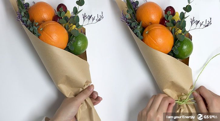 크라프트지로 감싸기, 묶기, 과일 꽃다발, 크라프트 포장, 꽃다발 포장