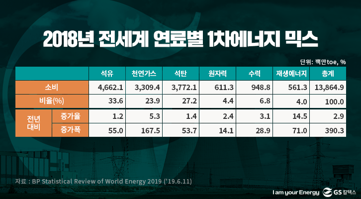 2018년 전세계 연료별 1차에너지 믹스