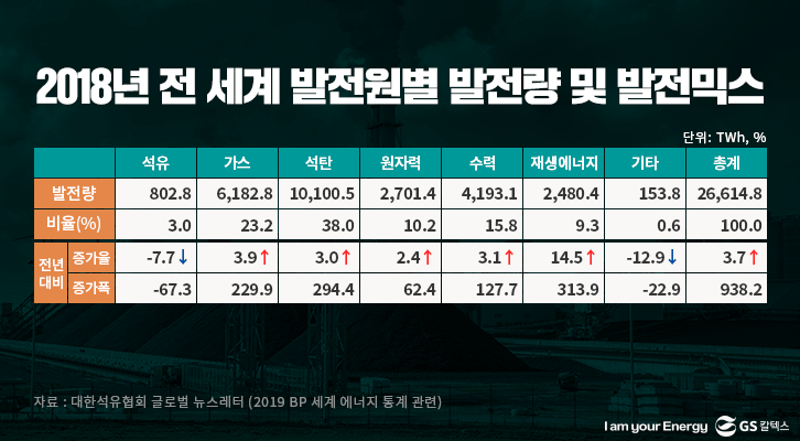 전 세계 발전원별 발전량 및 발전믹스