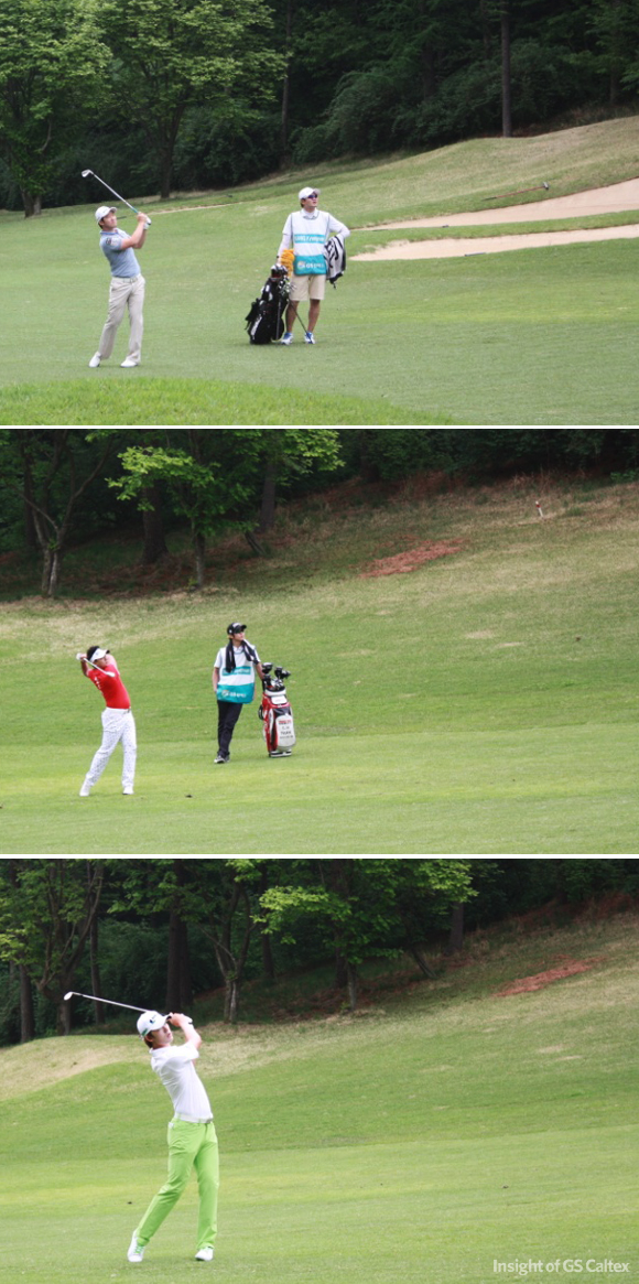 1번홀 세컨. 서로 다른 샷으로 멋지게 투온 성공!